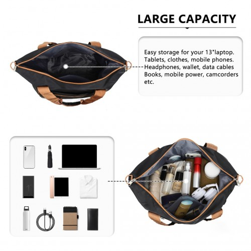 Kono Lightweight Waterproof Weekender Tote Bag - Foldable Cabin Flight Duffel, Ideal for Underseat Carry-On Travel - Black and Brown