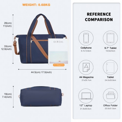 Kono Lightweight Waterproof Weekender Tote Bag - Foldable Cabin Flight Duffel - Navy and Brown