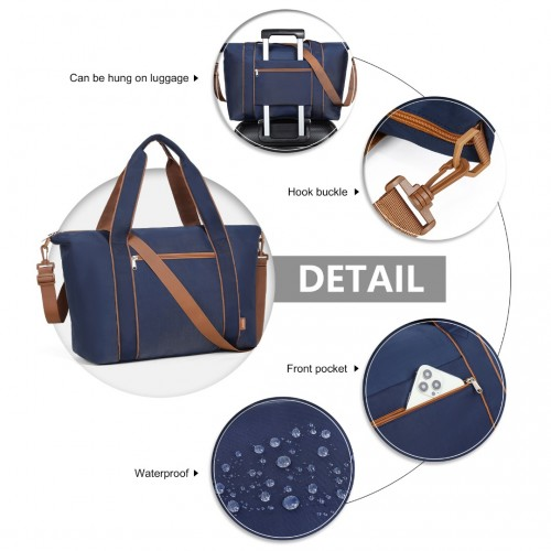 Kono Lightweight Waterproof Weekender Tote Bag - Foldable Cabin Flight Duffel - Navy and Brown
