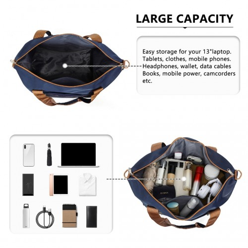 Kono Lightweight Waterproof Weekender Tote Bag - Foldable Cabin Flight Duffel - Navy and Brown