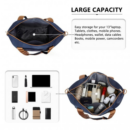 Kono Lightweight Waterproof Weekender Tote Bag - Foldable Cabin Flight Duffel - Navy and Brown