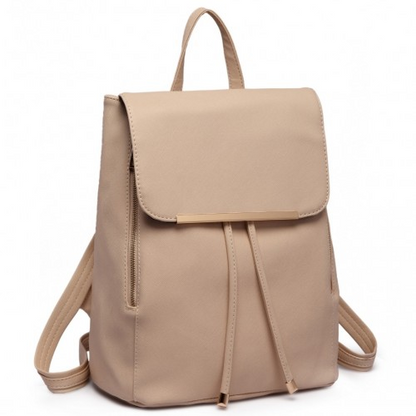 Miss Lulu Stylish Faux Leather Backpack with Magnetic Snap Closure - Fashionable Beige PU Leather Daypack for Travel