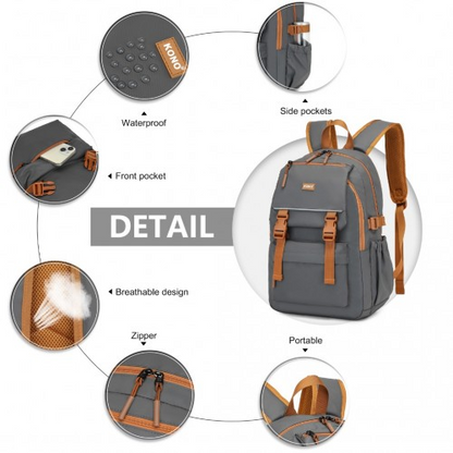 Kono PVC Coated Urban Water-Resistant Backpack with Reflective Safety Straps - Grey and Brown
