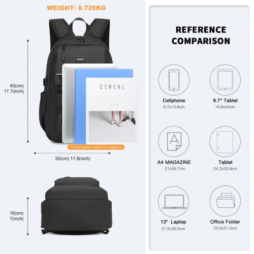 Kono Urban Water-Resistant Backpack with Reflective Safety Straps & Multi-Compartment Design - Black