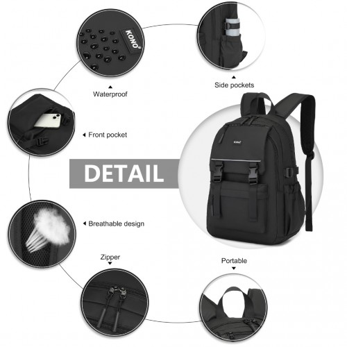 Kono Urban Water-Resistant Backpack with Reflective Safety Straps & Multi-Compartment Design - Black