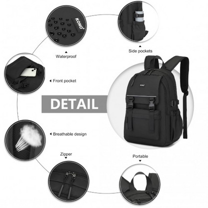 Kono Urban Water-Resistant Backpack with Reflective Safety Straps & Multi-Compartment Design - Black