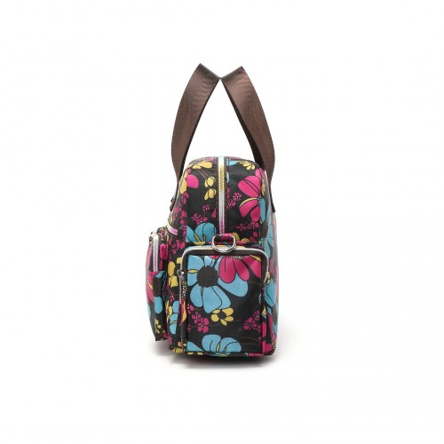 Kono Versatile Multi-Pocket Travel Bag with Adjustable Detachable Strap and Flower Print - Black