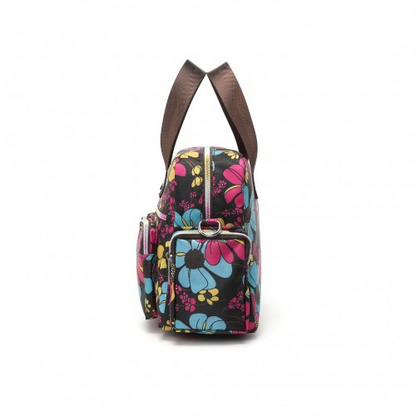 Kono Versatile Multi-Pocket Travel Bag with Adjustable Detachable Strap and Flower Print - Black