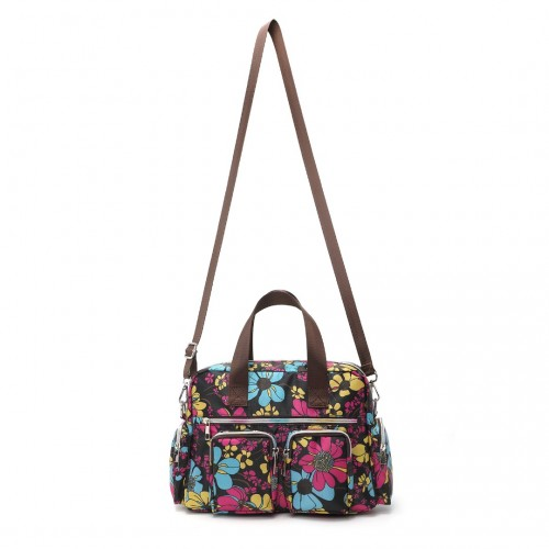 Kono Versatile Multi-Pocket Travel Bag with Adjustable Detachable Strap and Flower Print - Black