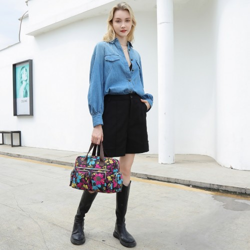 Kono Versatile Multi-Pocket Travel Bag with Adjustable Detachable Strap and Flower Print - Black