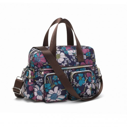 Kono Versatile Multi-Pocket Travel Bag with Adjustable Detachable Strap and Floral Print - Navy | Stylish, Practical Crossbody Tote for Daily Use