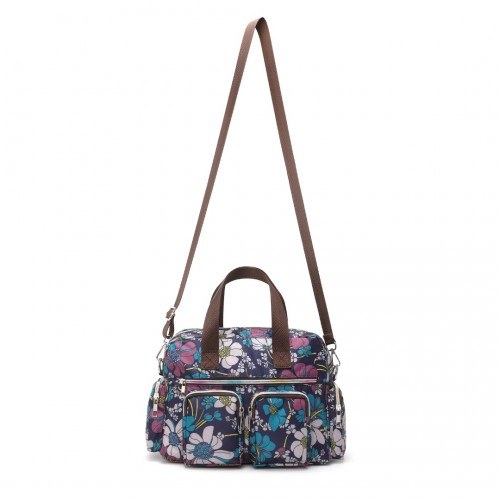Kono Versatile Multi-Pocket Travel Bag with Adjustable Detachable Strap and Floral Print - Navy | Stylish, Practical Crossbody Tote for Daily Use