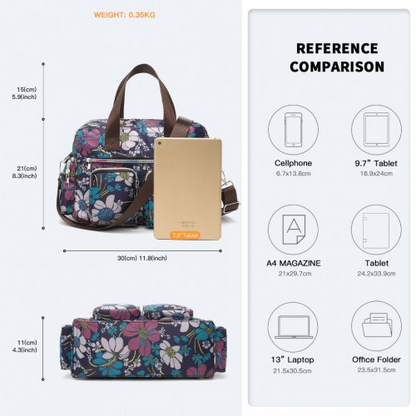 Kono Versatile Multi-Pocket Travel Bag with Adjustable Detachable Strap and Floral Print - Navy | Stylish, Practical Crossbody Tote for Daily Use