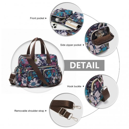 Kono Versatile Multi-Pocket Travel Bag with Adjustable Detachable Strap and Floral Print - Navy | Stylish, Practical Crossbody Tote for Daily Use
