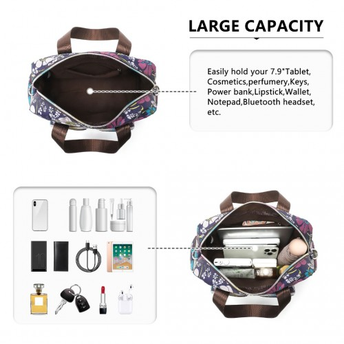 Kono Versatile Multi-Pocket Travel Bag with Adjustable Detachable Strap and Floral Print - Navy | Stylish, Practical Crossbody Tote for Daily Use