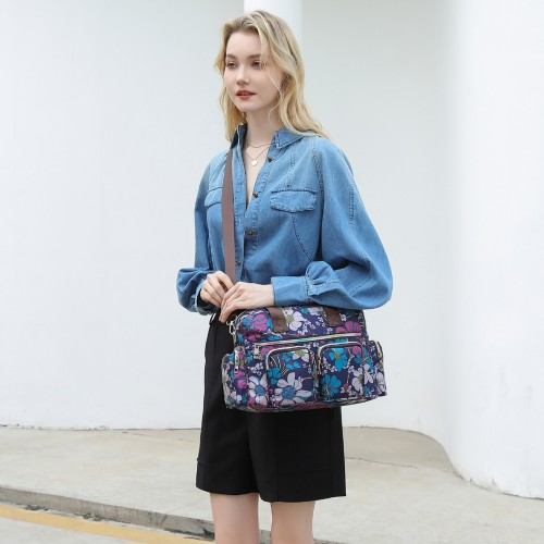 Kono Versatile Multi-Pocket Travel Bag with Adjustable Detachable Strap and Floral Print - Navy | Stylish, Practical Crossbody Tote for Daily Use