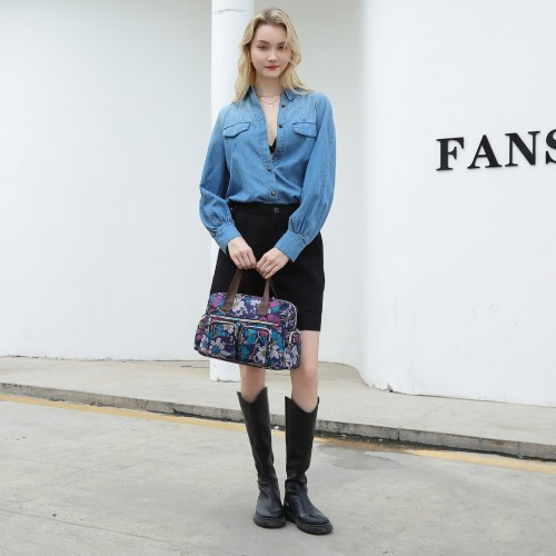 Kono Versatile Multi-Pocket Travel Bag with Adjustable Detachable Strap and Floral Print - Navy | Stylish, Practical Crossbody Tote for Daily Use