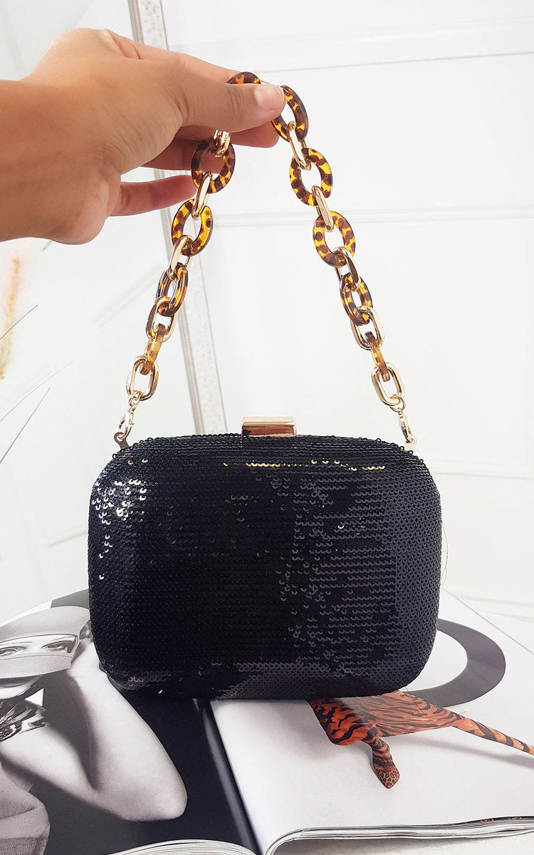 Glamorous Sequin Embellished Handbag with Detachable Chain & Tortoise Shell Straps - Perfect for Parties & Special Occasions