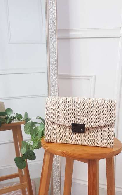 Stylish Woven Handbag - Chic Ivory Shoulder Bag with Long Chain Strap