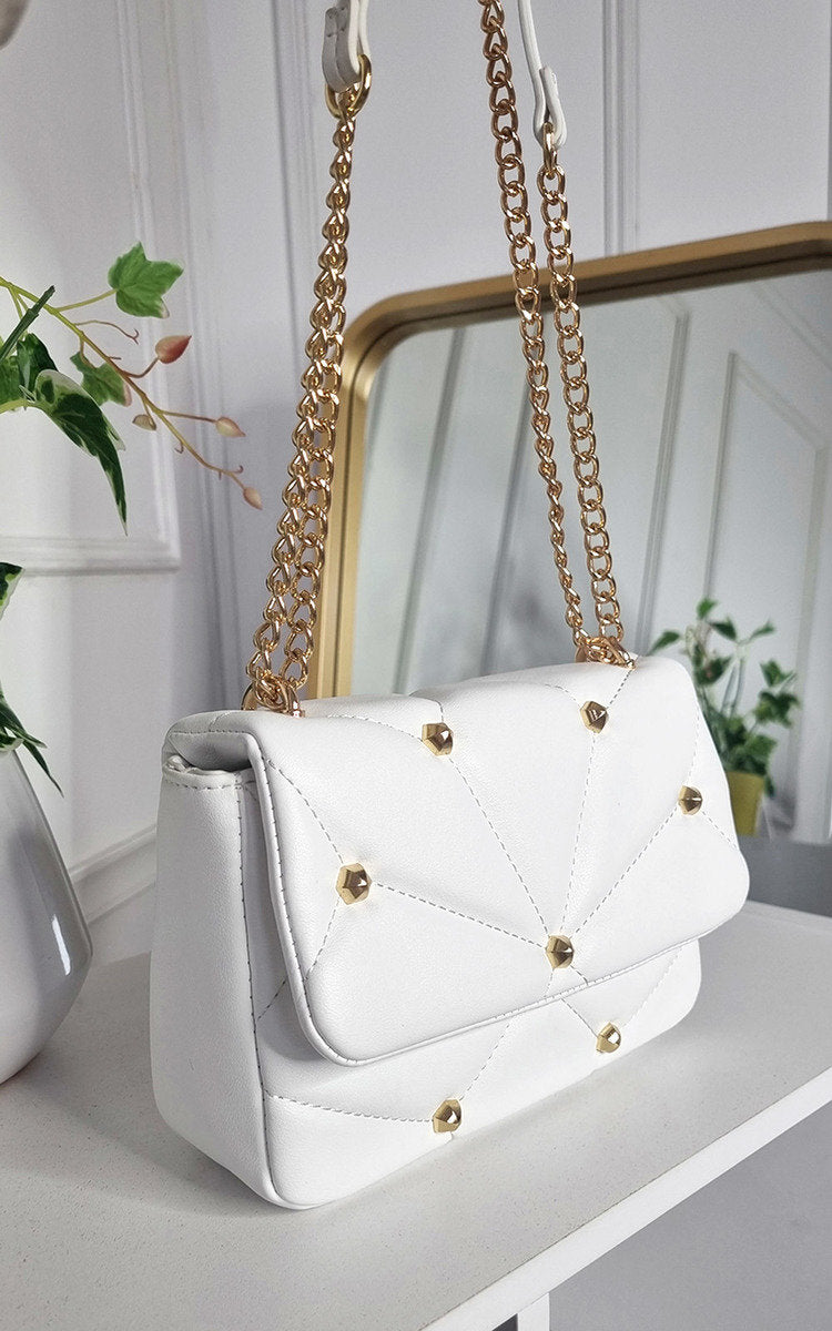 Studded with Chain Detail Handbag in Faux Leather - White
