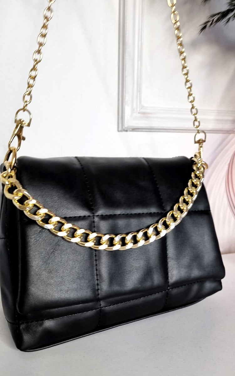 Stylish Faux Leather Padded Handbag with Gold Chain Detail - Perfect for a Night Out