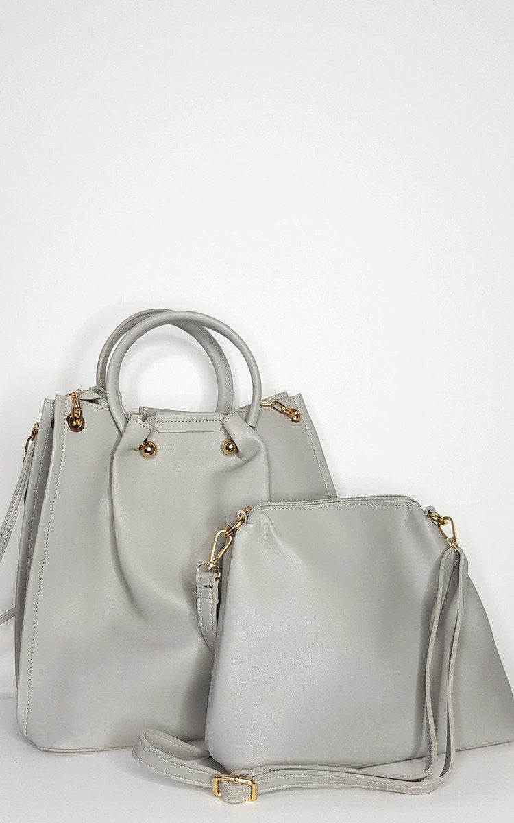 Elegant Elisa Handbag Set - Faux Leather, Beige, with Gold Detail Hardware