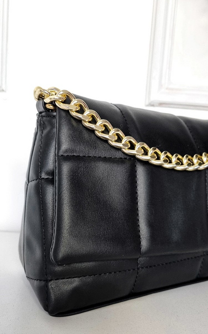 Stylish Faux Leather Padded Handbag with Gold Chain Detail - Perfect for a Night Out