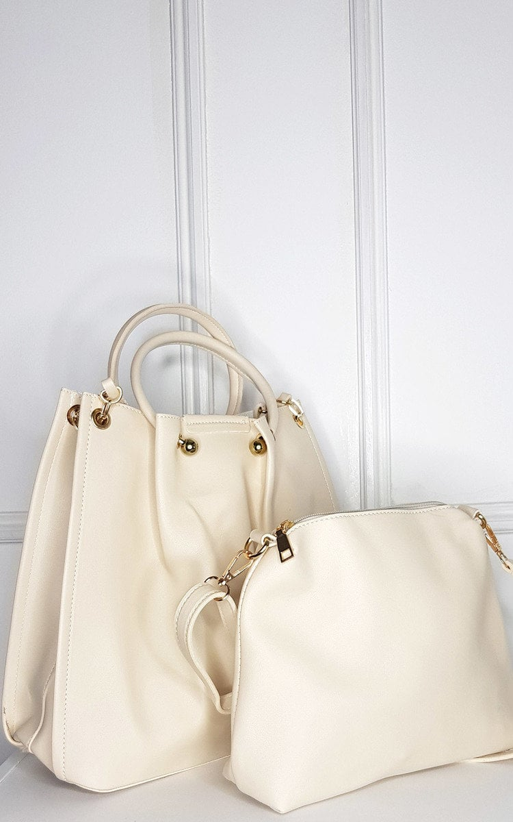 Elegant Elisa Handbag Set - Faux Leather, Beige, with Gold Detail Hardware