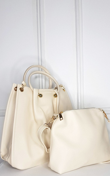 Elegant Elisa Handbag Set - Faux Leather, Beige, with Gold Detail Hardware