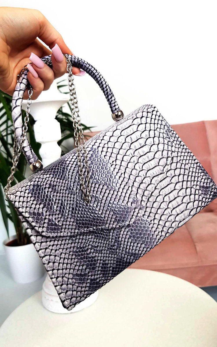 Elegant Croc Print Handbag - Stylish Nude Faux Leather Purse with Chain Strap