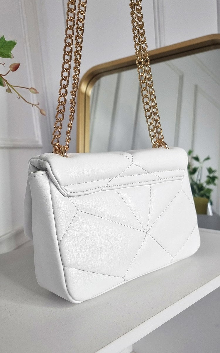 Studded with Chain Detail Handbag in Faux Leather - White