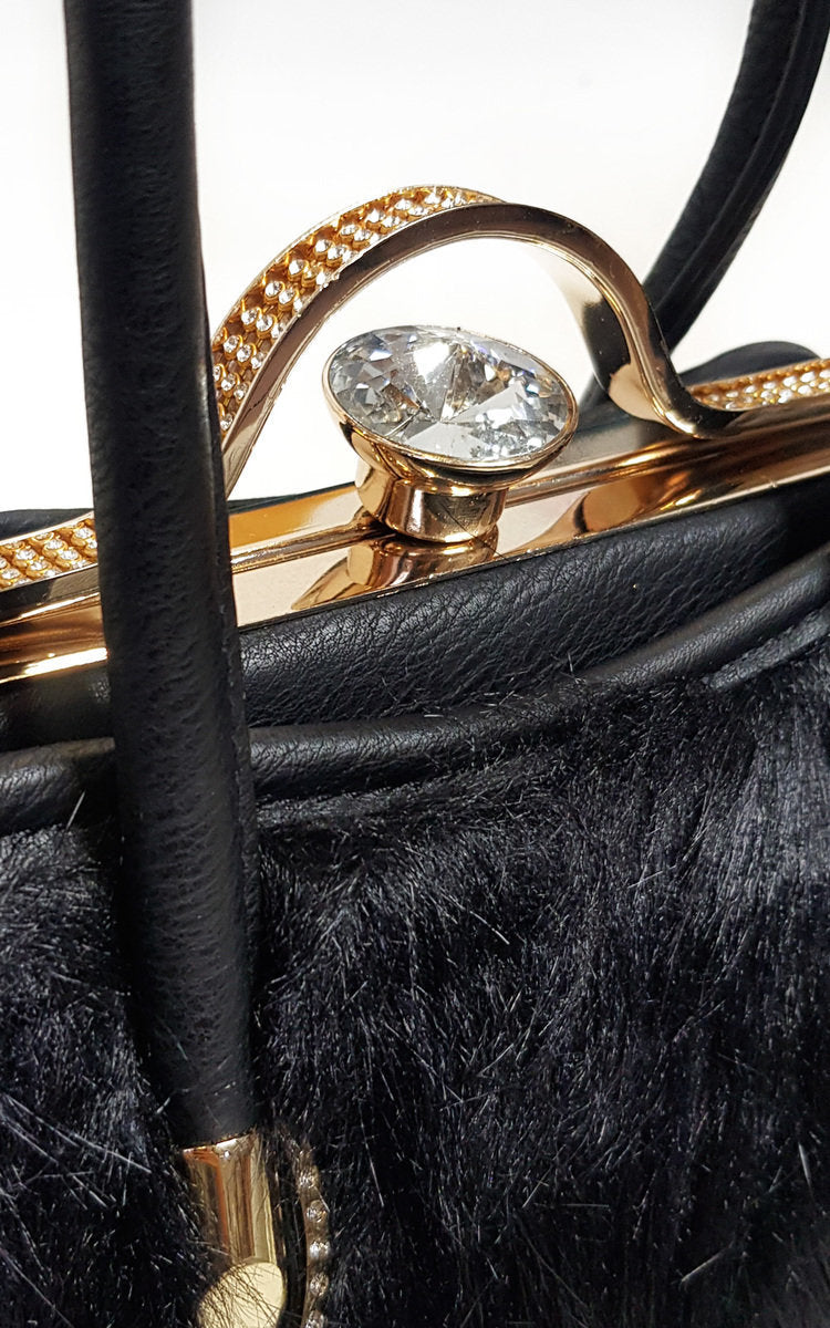 Luxurious Faux Fur Handbag - Stylish Winter Accessory with Faux Leather & Gold Diamante Clip