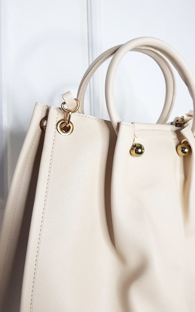 Elegant Elisa Handbag Set - Faux Leather, Beige, with Gold Detail Hardware