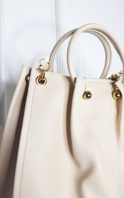 Elegant Elisa Handbag Set - Faux Leather, Beige, with Gold Detail Hardware