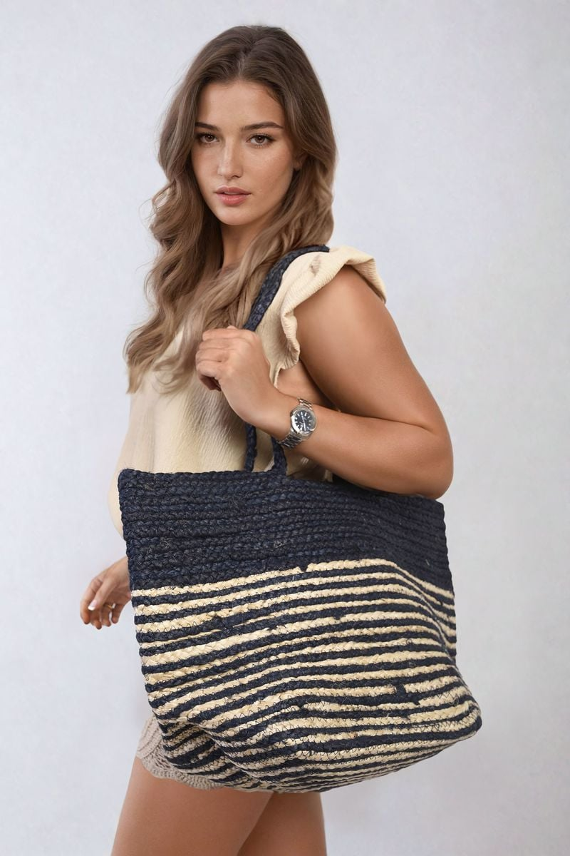 Louisa Striped Beach Braided Tote Bag – Chic & Functional Beach Accessory