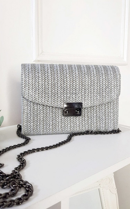 Stylish Woven Handbag - Chic Ivory Shoulder Bag with Long Chain Strap
