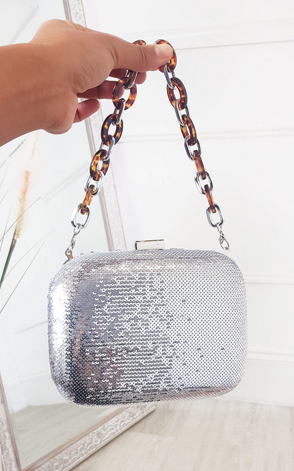 Glamorous Sequin Embellished Handbag with Detachable Chain & Tortoise Shell Straps - Perfect for Parties & Special Occasions