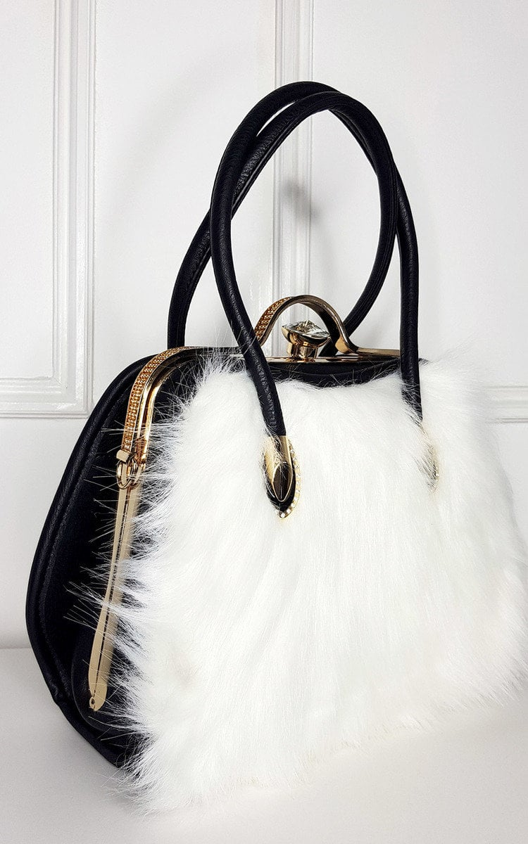 Luxurious Faux Fur Handbag - Stylish Winter Accessory with Faux Leather & Gold Diamante Clip
