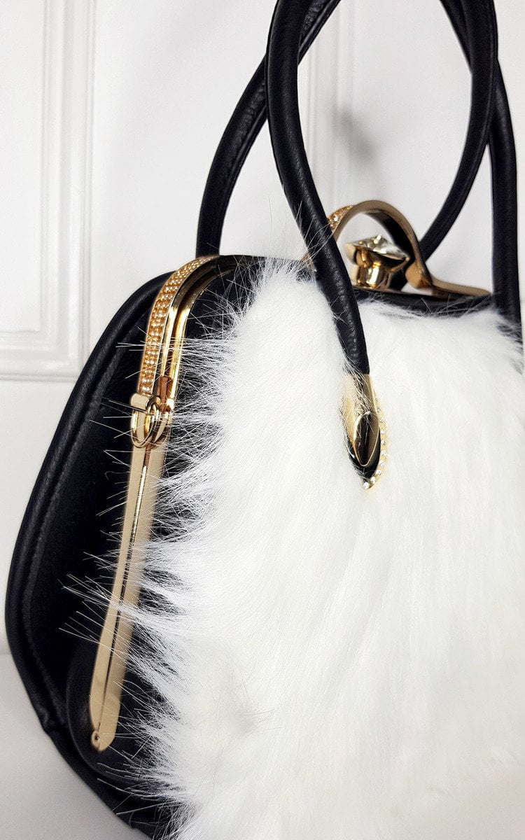 Luxurious Faux Fur Handbag - Stylish Winter Accessory with Faux Leather & Gold Diamante Clip