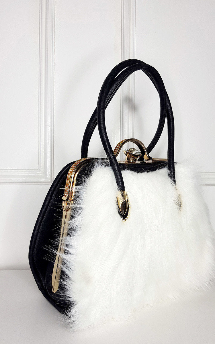 Luxurious Faux Fur Handbag - Stylish Winter Accessory with Faux Leather & Gold Diamante Clip