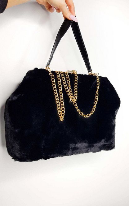 Fluffy Handbag - Stylish Faux Fur Purse with Gold Chain Strap for Chic Look