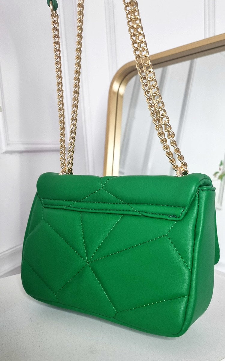 Studded with Chain Detail Handbag in Faux Leather - White