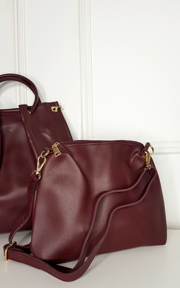 Elegant Elisa Handbag Set - Faux Leather, Beige, with Gold Detail Hardware