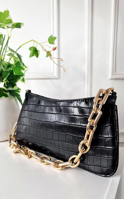 Elegant Faux Leather Handbag with Gold Chain Detail - Perfect for Night Out & Special Occasions