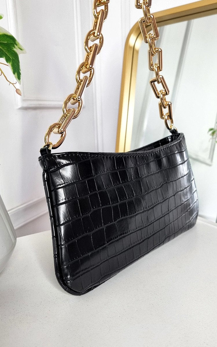 Elegant Faux Leather Handbag with Gold Chain Detail - Perfect for Night Out & Special Occasions