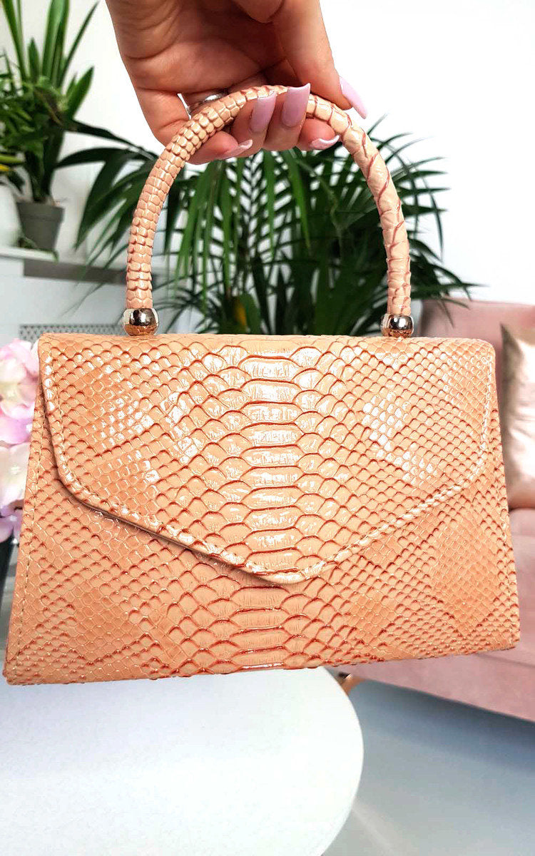 Elegant Croc Print Handbag - Stylish Nude Faux Leather Purse with Chain Strap