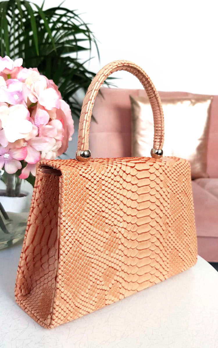 Elegant Croc Print Handbag - Stylish Nude Faux Leather Purse with Chain Strap