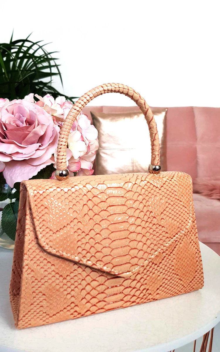 Elegant Croc Print Handbag - Stylish Nude Faux Leather Purse with Chain Strap