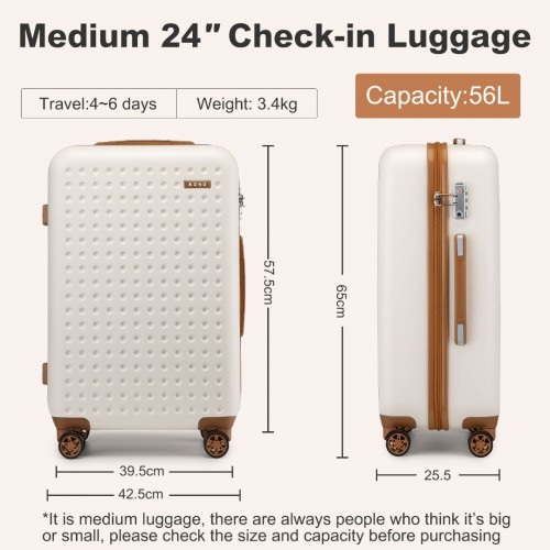 Kono 24 Inch Polka Dot Hard Shell Suitcase with TSA Lock - Cream and Brown