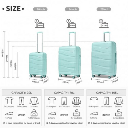 K2094L - Kono Lightweight Polypropylene Hard Shell 3 Piece Suitcase Set With TSA Lock - Mint Green